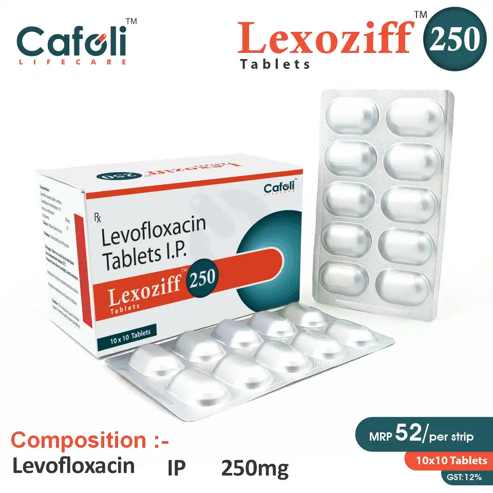 Levofloxacin (250mg) Tablet at the best price in PCD Pharma Franchise for Antibiotic and Bacterial Infection Treatment.